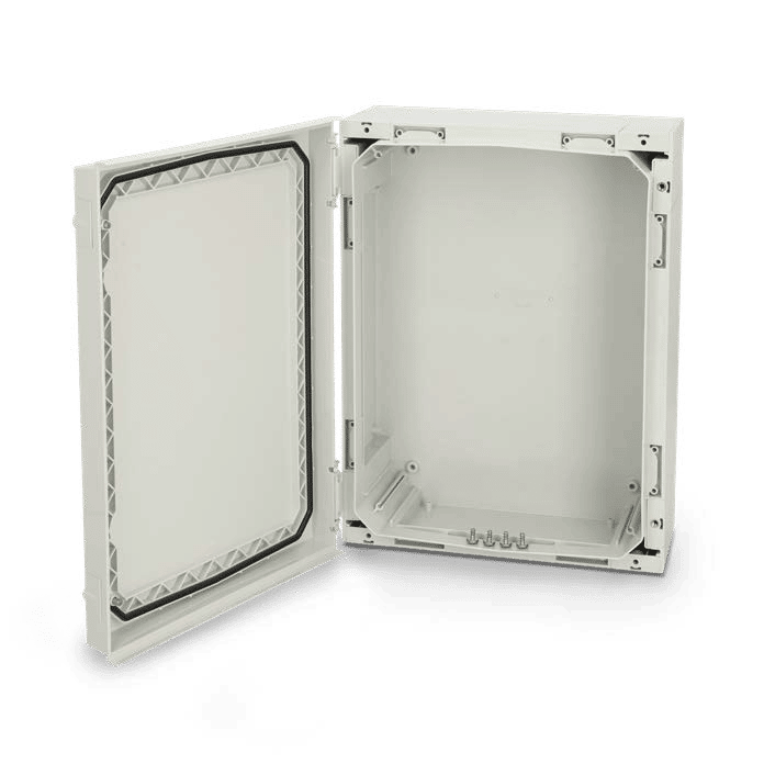 Fibox NEO polycarbonate enclosure with grey cover (open)