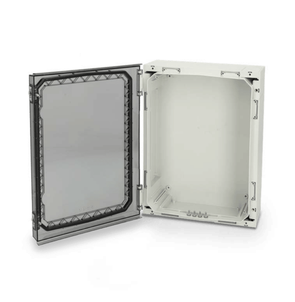 Fibox NEO polycarbonate enclosure with transparent cover (open)