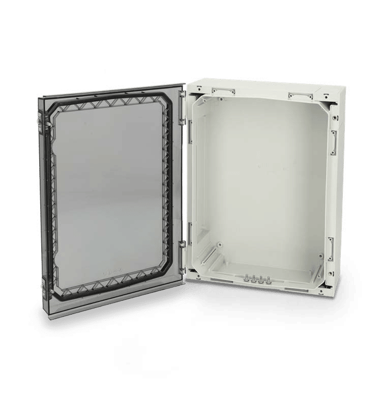 Fibox NEO polycarbonate enclosure with transparent cover (open)