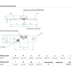 Isabellenhütte BSS current sensing shunt resistor with Molex DuraClik connector dimensional specifications image