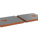 Isabellenhütte BAN ISA-WELD precision shunt, two copper terminals with a resistance alloy strip welded between them and one mounting hole per terminal