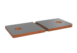 Isabellenhütte BAN ISA-WELD precision shunt, two copper terminals with a resistance alloy strip welded between them and one mounting hole per terminal