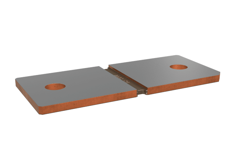 Isabellenhütte BAN ISA-WELD precision shunt, two copper terminals with a resistance alloy strip welded between them and one mounting hole per terminal