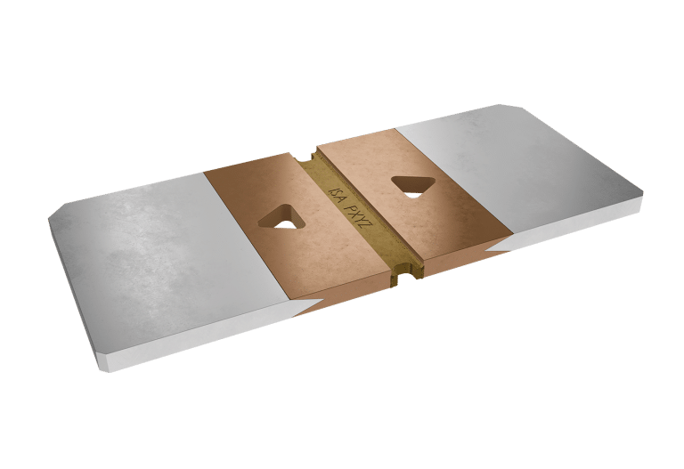 Isabellenhütte BAN-AL busbar shunt, two silver aluminium terminals either side of two copper sections with the resistance alloy strip between them and a triangular hole in each copper section
