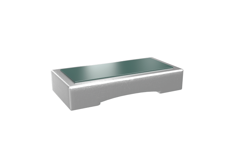Isabellenhütte FMH-K-R000 zero ohm jumper, a silver chip body with a green top layer and an arched underside between its two terminals