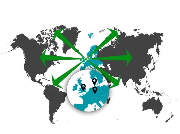 Map highlighting offices in the UK, one in Denmark for Rhopoint Nordic and one in Germany for Rhopoint Komponenten